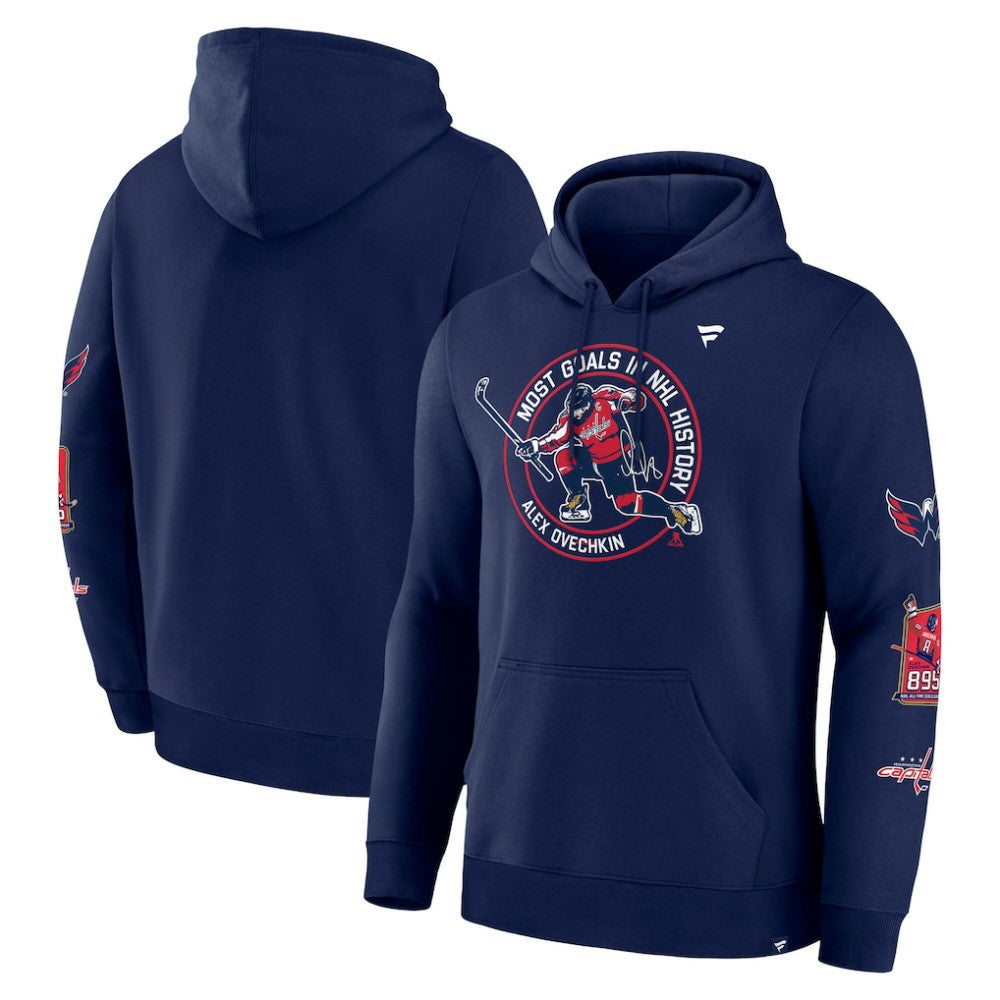 NHL Alexander Ovechkin Washington Capitals Fanatics NHL All-Time Leading Goal Scorer Badges Pullover Hoodie - Athletic Navy
