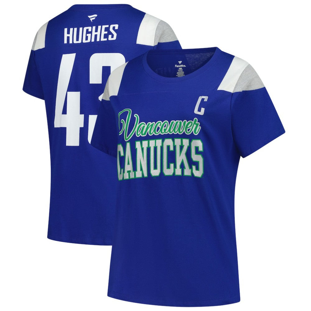 NHL Quinn Hughes Vancouver Canucks Fanatics Women's Plus Size Name & Number Scoop Neck T-Shirt - Royal