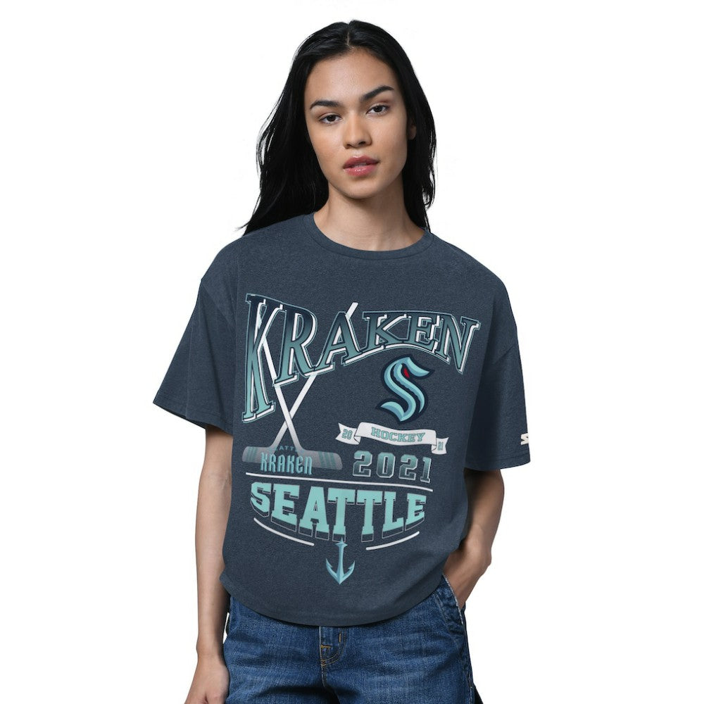 NHL Seattle Kraken Starter Women's Oversized Hall of Fame T-Shirt - Heather Deep Sea Blue