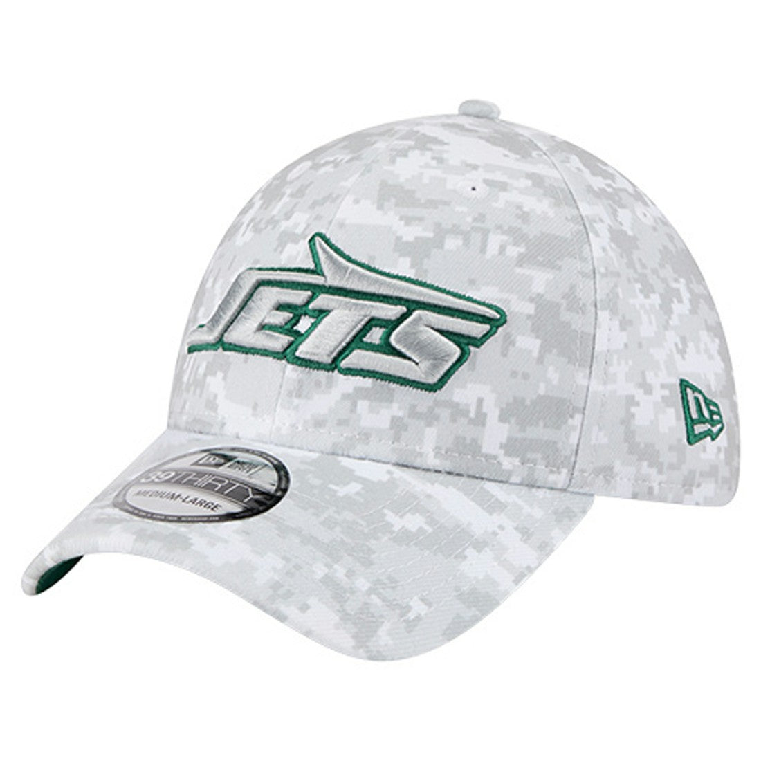 New York Jets New Era 2025 Salute to Service Digital Camo Fan Pack 39THIRTY Flex Hat White