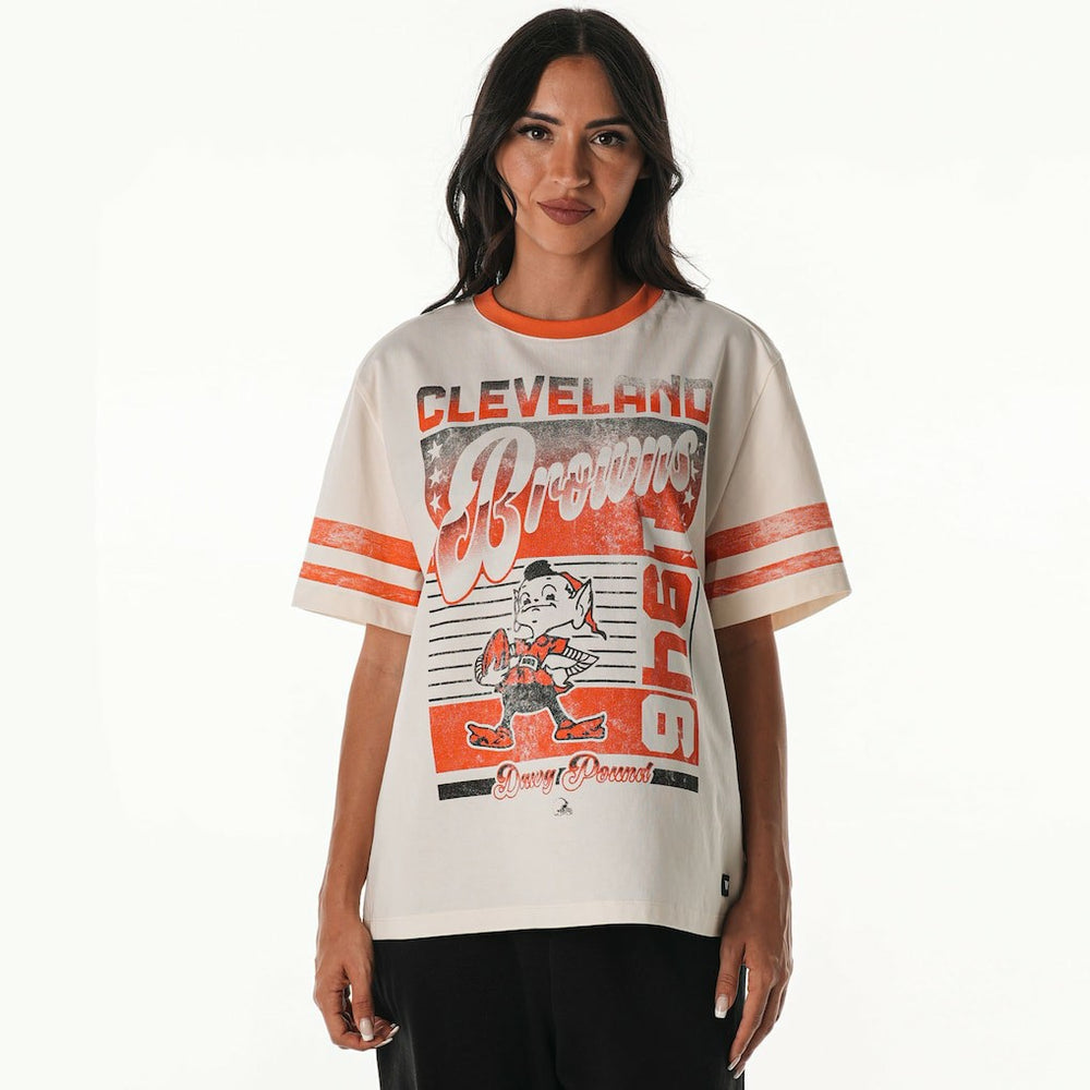 Cleveland Browns The Wild Collective Women's Vintage Drop Shoulder Oversized Boyfriend T-Shirt Cream