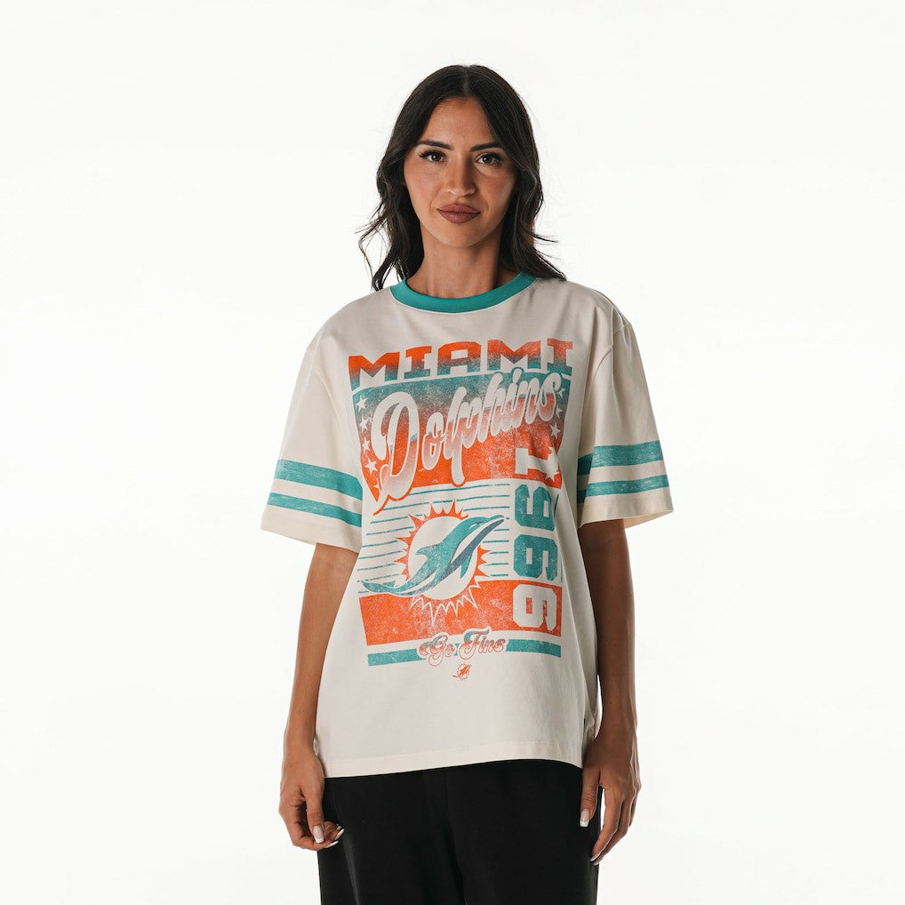 Miami Dolphins The Wild Collective Women's Vintage Drop Shoulder Oversized Boyfriend T-Shirt Cream