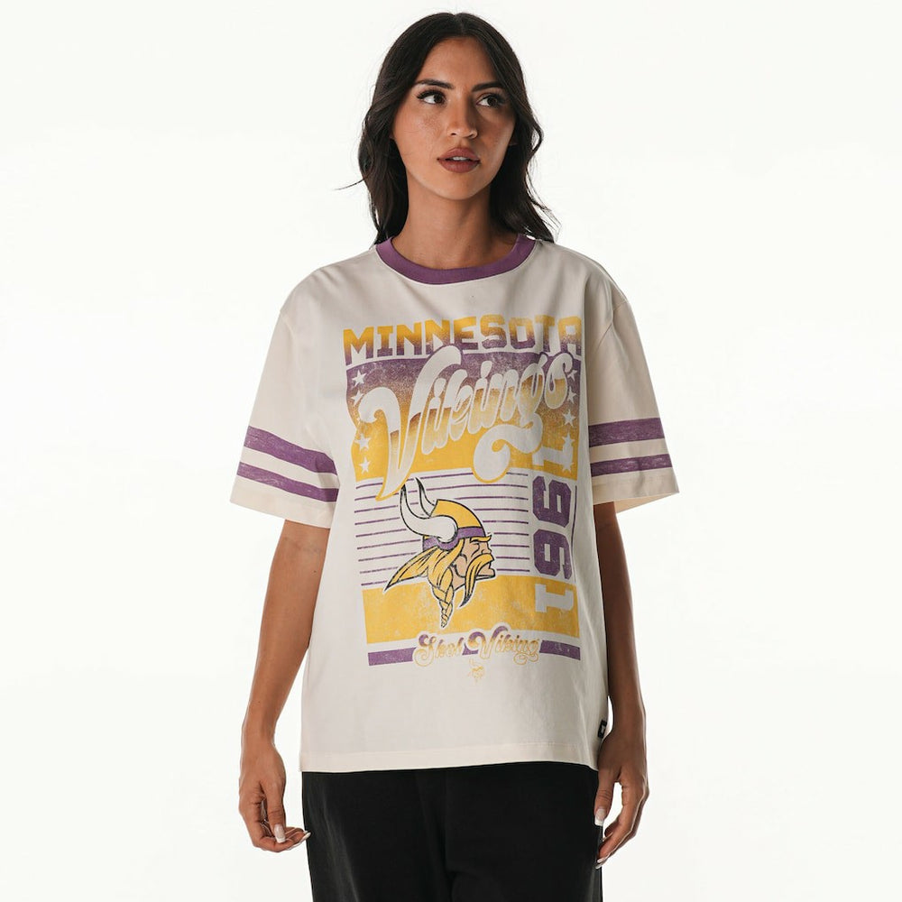 Minnesota Vikings The Wild Collective Women's Vintage Drop Shoulder Oversized Boyfriend T-Shirt Cream