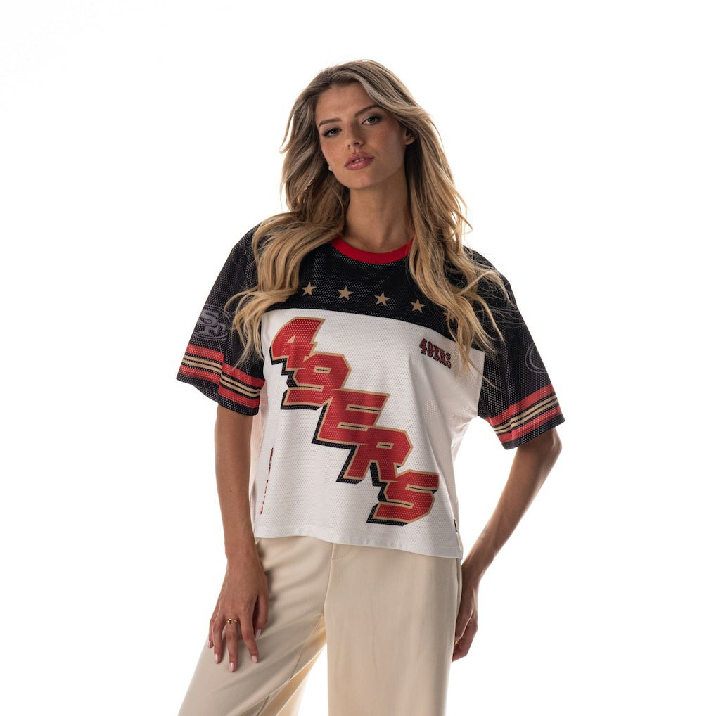 San Francisco 49ers The Wild Collective Women's Boxy Cropped Mesh T-Shirt White