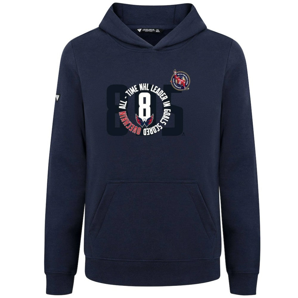NHL Alexander Ovechkin Washington Capitals Levelwear Youth NHL All-Time Leading Goal Scorer Milestone Name & Number Podium Pullover Hoodie - Navy