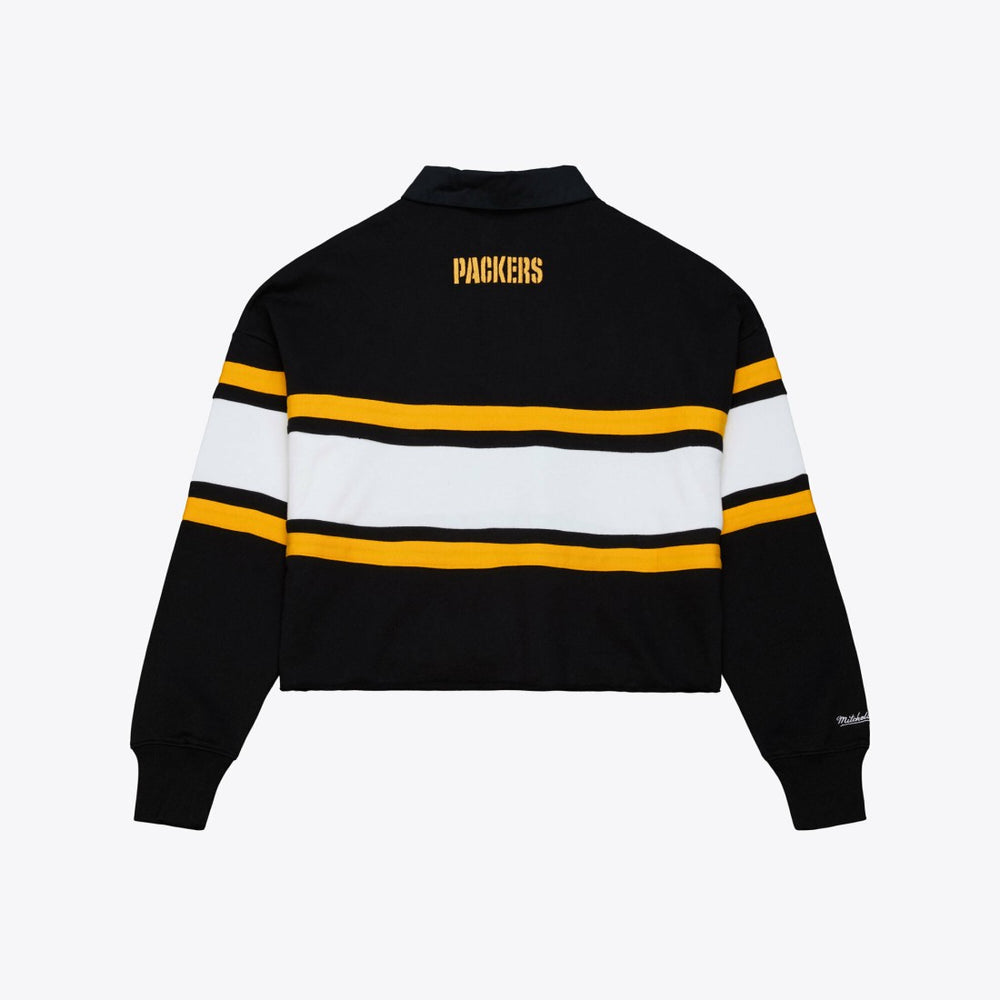 Green Bay Packers Women's Cropped Long Sleeve Rugby Polo Black