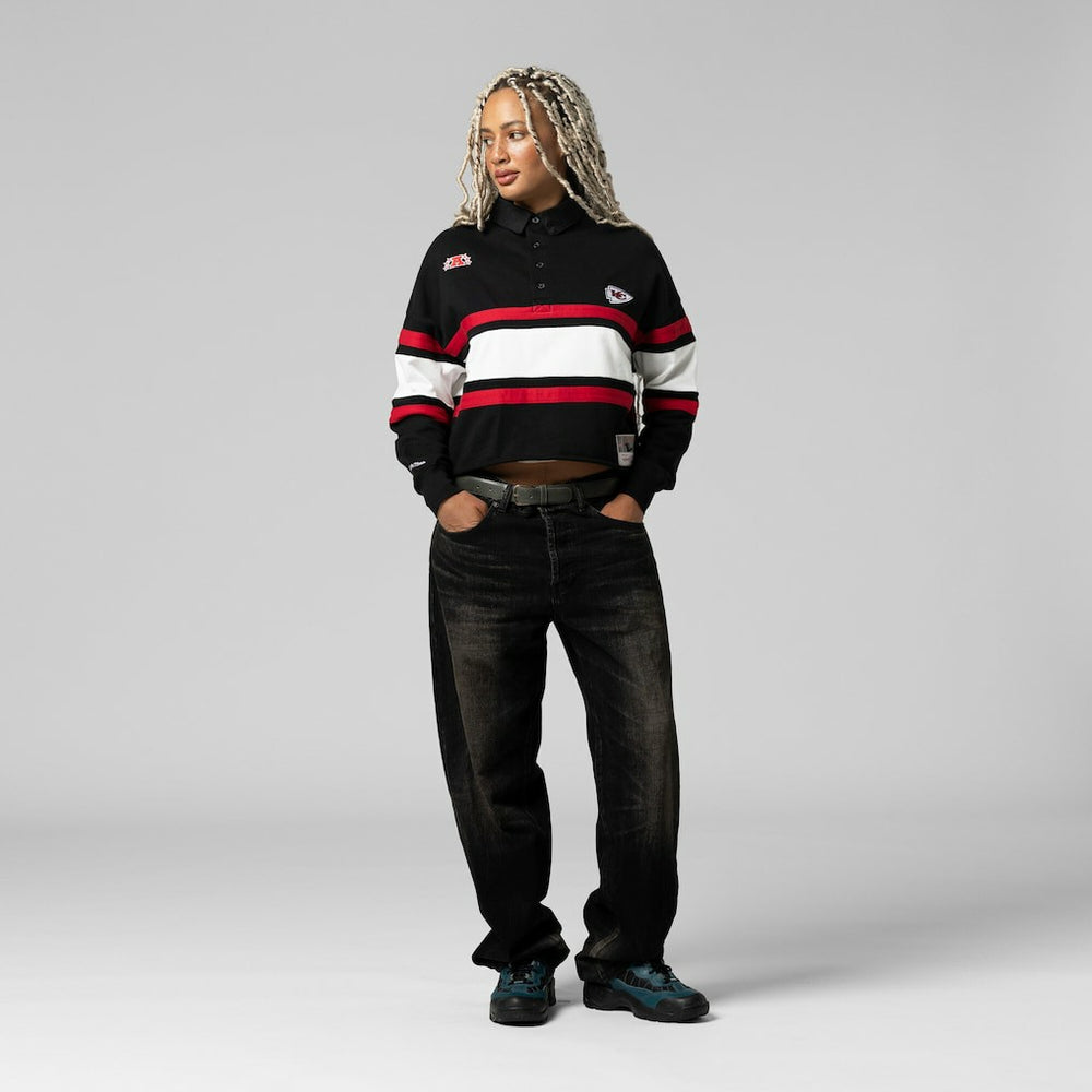 Kansas City Chiefs Women's Cropped Long Sleeve Rugby Polo Black