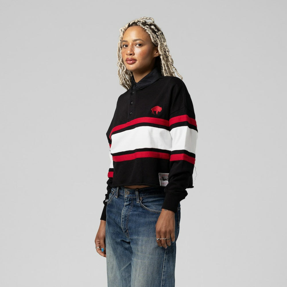Buffalo Bills Women's Throwback Cropped Long Sleeve Rugby Polo Black