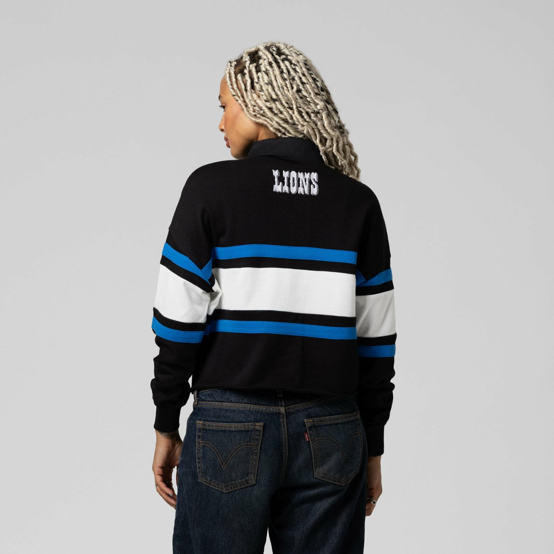 Detroit Lions Women's Cropped Long Sleeve Rugby Polo Black