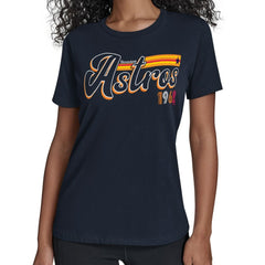Houston Astros Starter Women's Groovy Script Team Fitted T-Shirt - Navy T-shirts