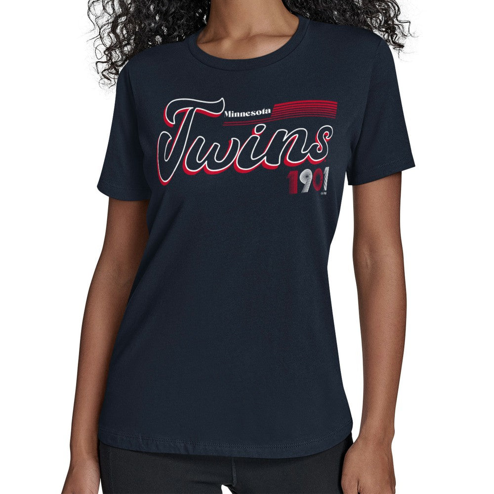 Minnesota Twins Starter Women's Groovy Script Team Fitted T-Shirt - Navy T-shirts