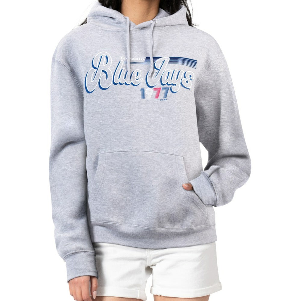 Toronto Blue Jays Starter Women's Groovy Script Team Fleece Pullover Hoodie - Gray Hoodies