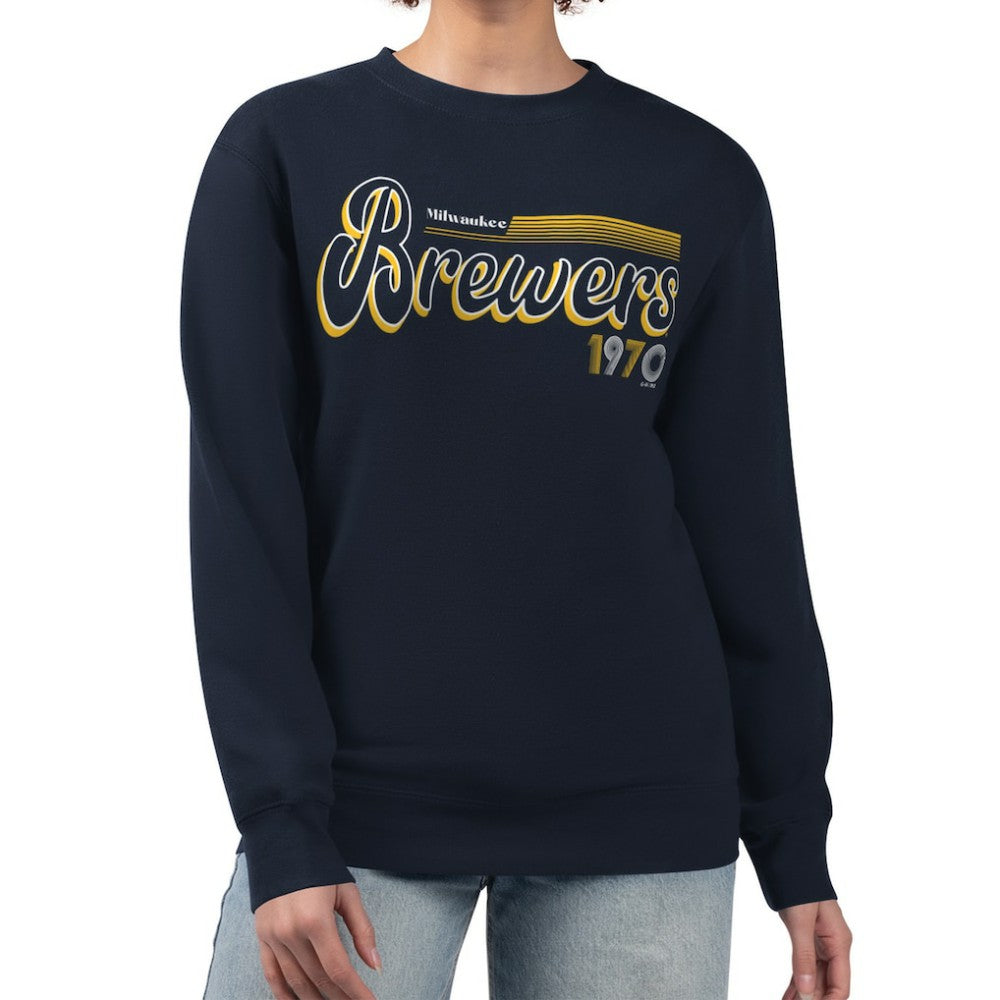 Milwaukee Brewers Starter Women's Groovy Script Team Fleece Pullover Sweatshirt - Navy Pullover