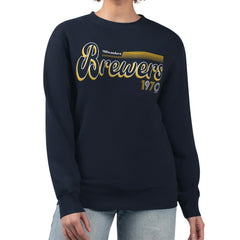 Milwaukee Brewers Starter Women's Groovy Script Team Fleece Pullover Sweatshirt - Navy Pullover