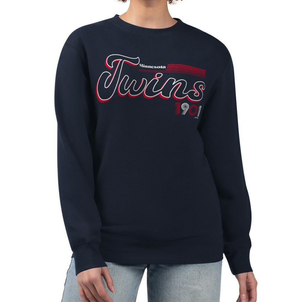 Minnesota Twins Starter Women's Groovy Script Team Fleece Pullover Sweatshirt - Navy Pullover
