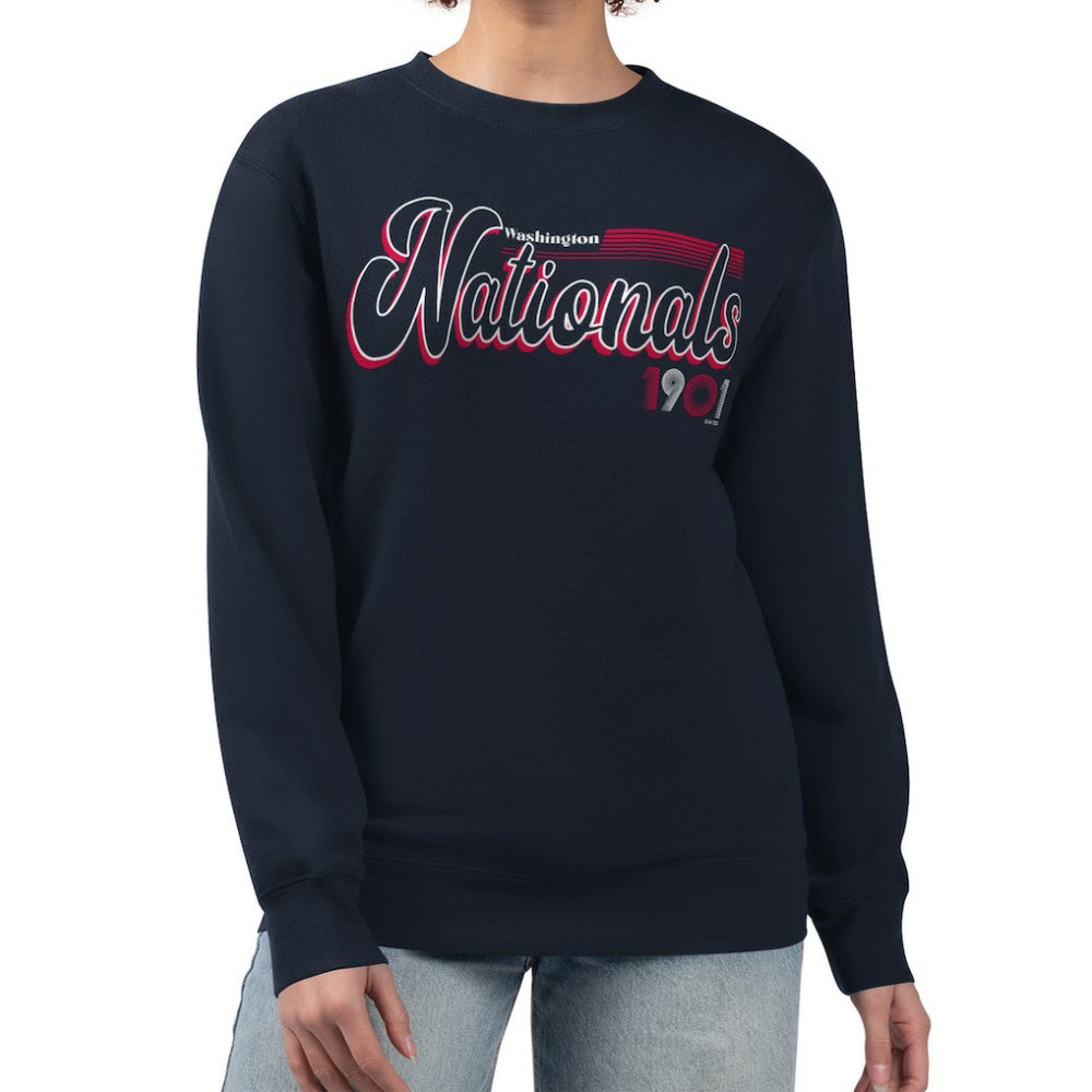 Washington Nationals Starter Women's Groovy Script Team Fleece Pullover Sweatshirt - Navy Pullover
