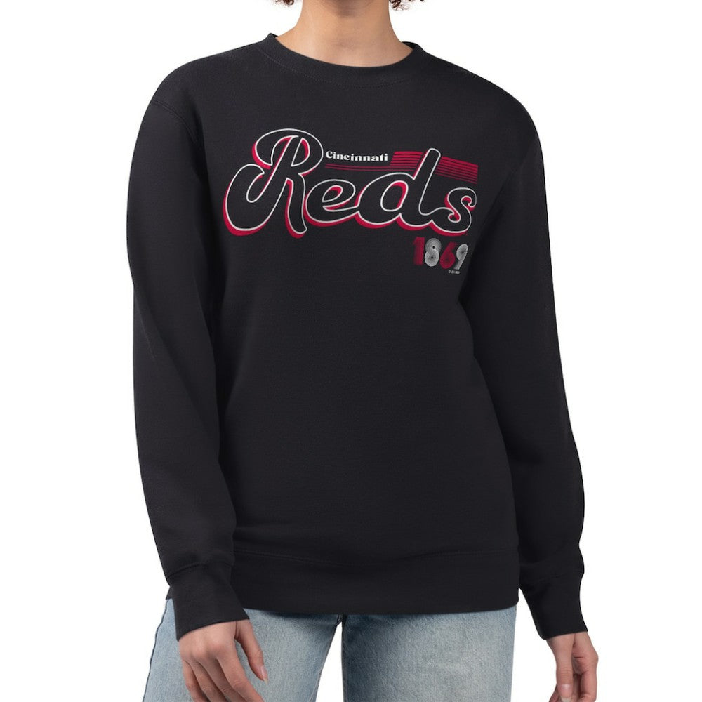 Cincinnati Reds Starter Women's Groovy Script Team Fleece Pullover Sweatshirt - Black Pullover