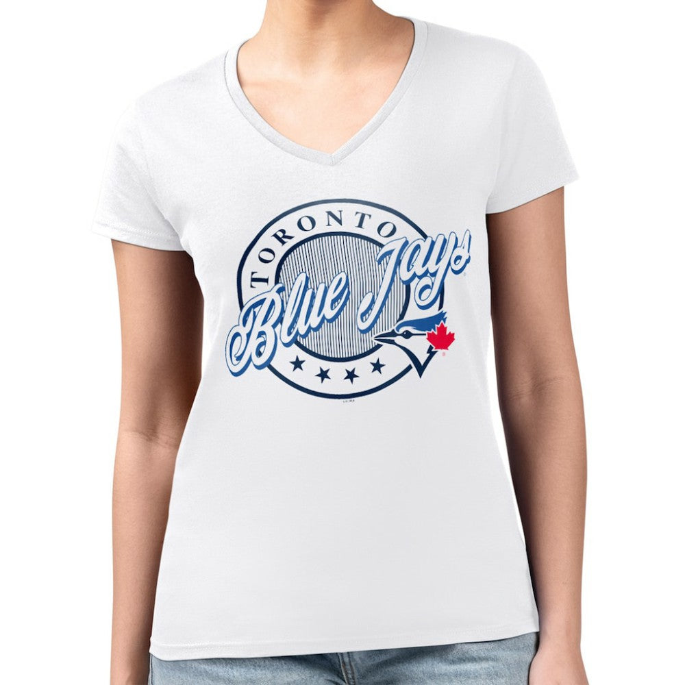 Toronto Blue Jays G-III 4Her by Carl Banks Women's Super-Slim Fit Lightweight Pinstripe Circle V-Neck T-Shirt - White T-shirts