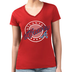 Atlanta Braves G-III 4Her by Carl Banks Women's Super-Slim Fit Lightweight Pinstripe Circle V-Neck T-Shirt - Red T-shirts