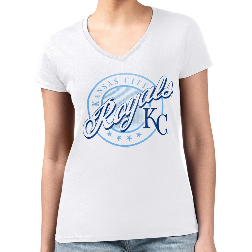 Kansas City Royals G-III 4Her by Carl Banks Women's Super-Slim Fit Lightweight Pinstripe Circle V-Neck T-Shirt - White T-shirts