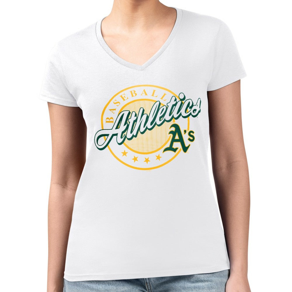 Athletics G-III 4Her by Carl Banks Women's Super-Slim Fit Lightweight Pinstripe Circle V-Neck T-Shirt - White T-shirts