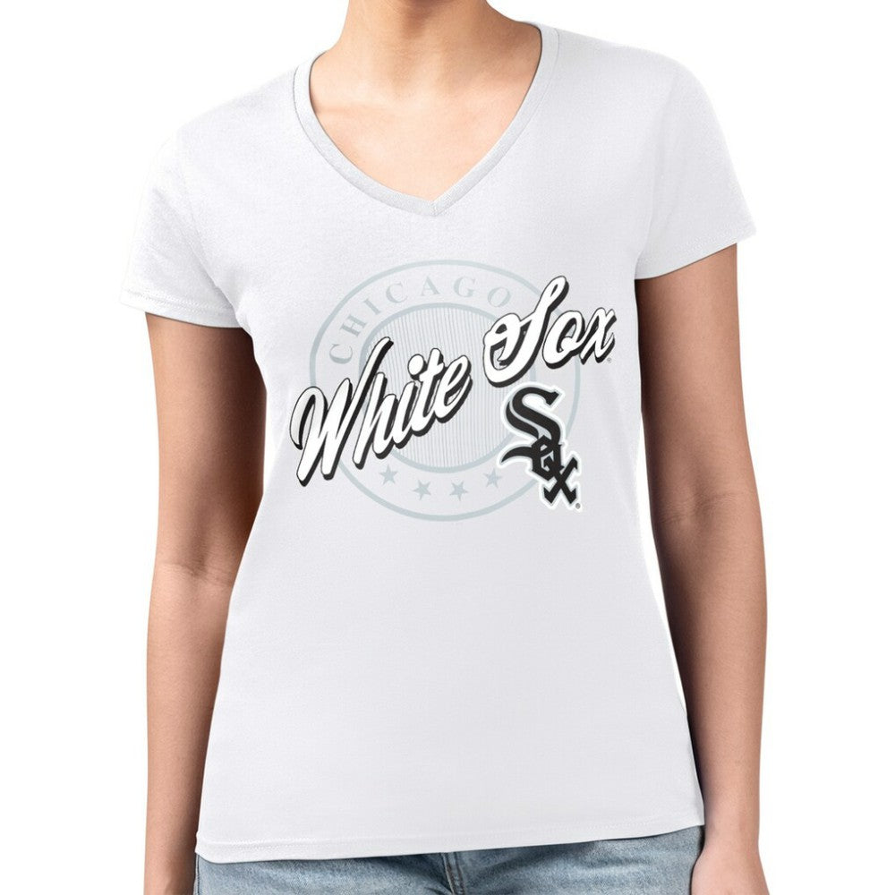 Chicago White Sox G-III 4Her by Carl Banks Women's Super-Slim Fit Lightweight Pinstripe Circle V-Neck T-Shirt - White T-shirts
