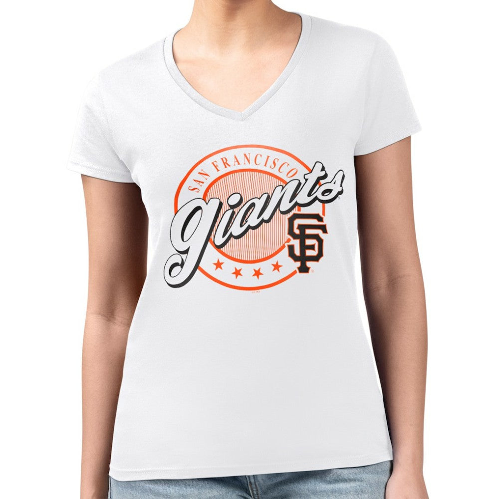San Francisco Giants G-III 4Her by Carl Banks Women's Super-Slim Fit Lightweight Pinstripe Circle V-Neck T-Shirt - White T-shirts