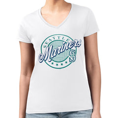 Seattle Mariners G-III 4Her by Carl Banks Women's Super-Slim Fit Lightweight Pinstripe Circle V-Neck T-Shirt - White T-shirts