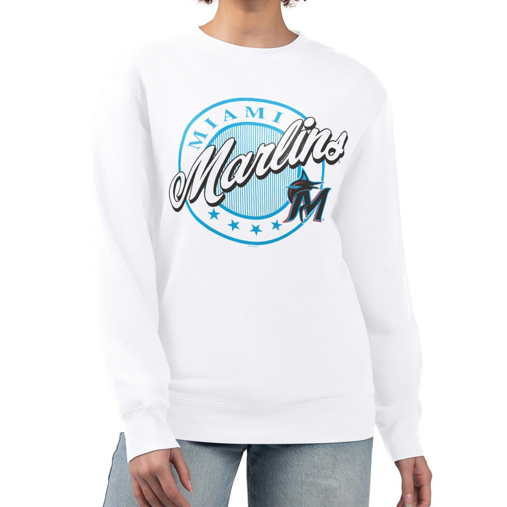 Miami Marlins G-III 4Her by Carl Banks Women's Pinstripe Circle Team Fleece Pullover Sweatshirt - White Pullover