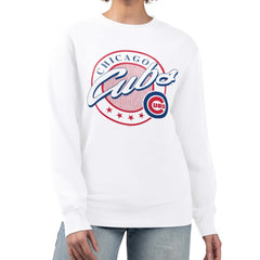 Chicago Cubs G-III 4Her by Carl Banks Women's Pinstripe Circle Team Fleece Pullover Sweatshirt - White Pullover