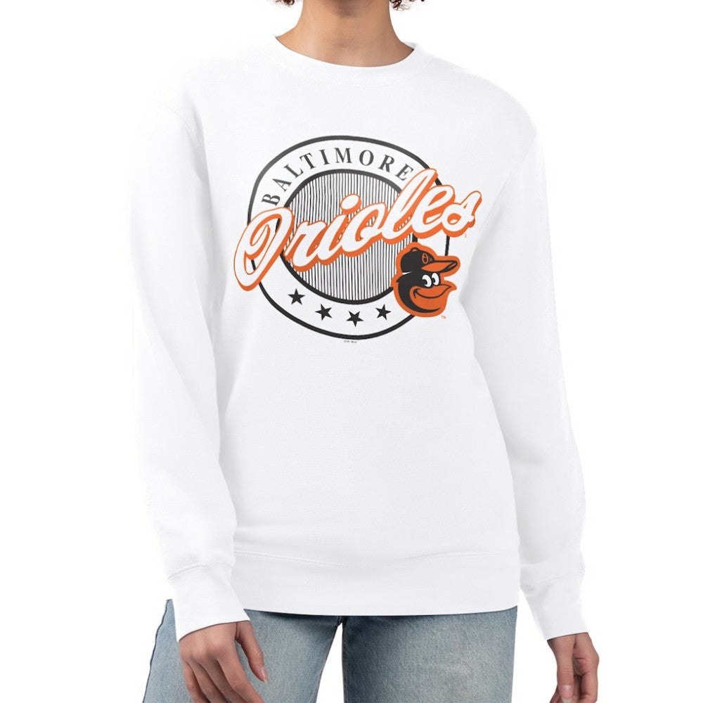 Baltimore Orioles G-III 4Her by Carl Banks Women's Pinstripe Circle Team Fleece Pullover Sweatshirt - White Pullover