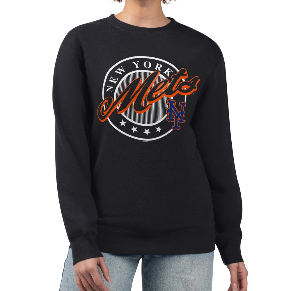New York Mets G-III 4Her by Carl Banks Women's Pinstripe Circle Team Fleece Pullover Sweatshirt - Black Pullover