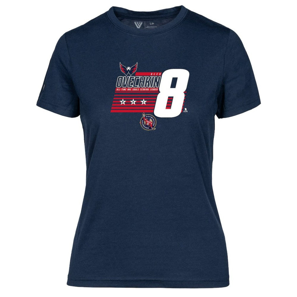 NHL Alexander Ovechkin Washington Capitals Levelwear Women's NHL All-Time Leading Goal Scorer Milestone Stripes Name & Number Maddox T-Shirt - Navy