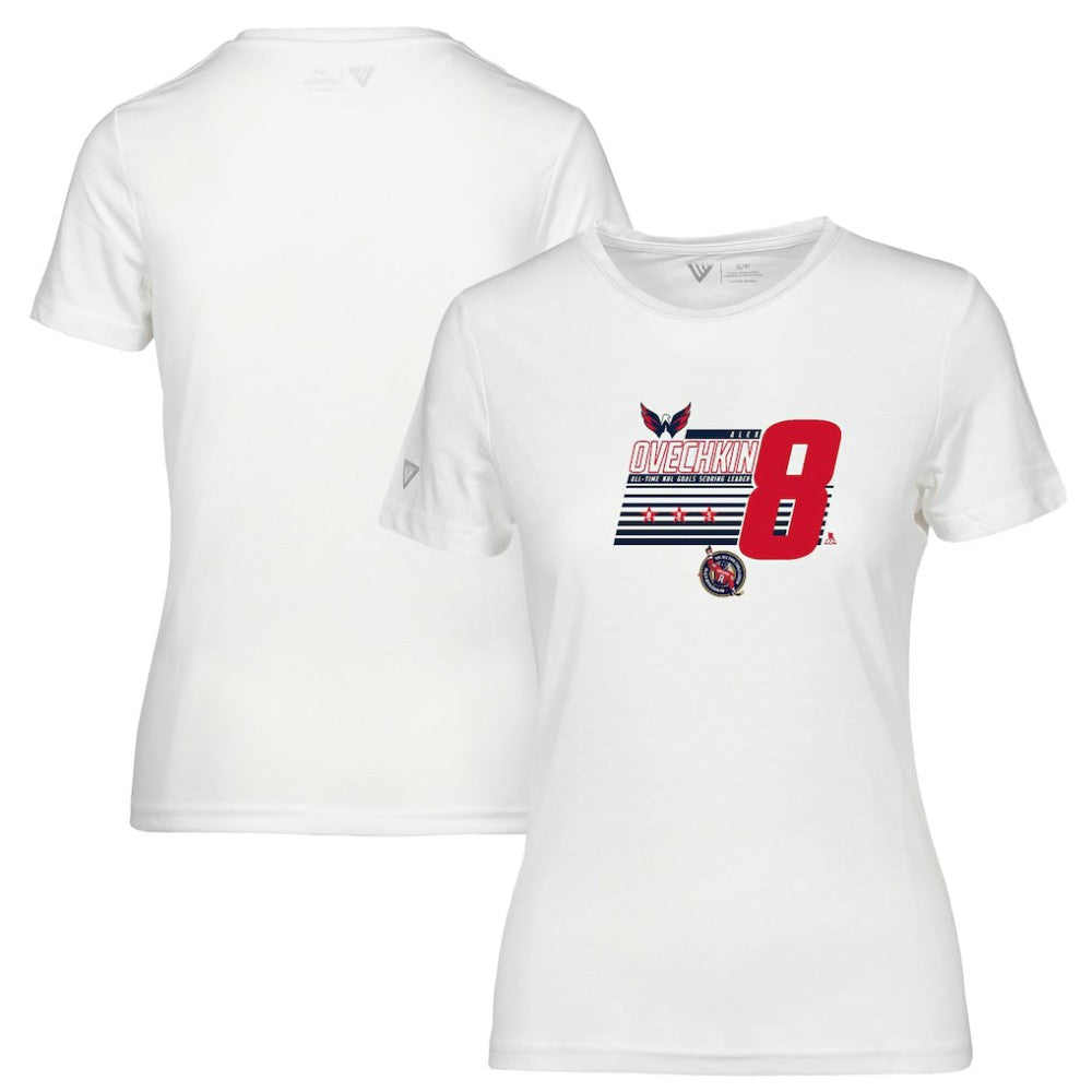 NHL Alexander Ovechkin Washington Capitals Levelwear Women's NHL All-Time Leading Goal Scorer Milestone Stripes Name & Number Maddox T-Shirt - White