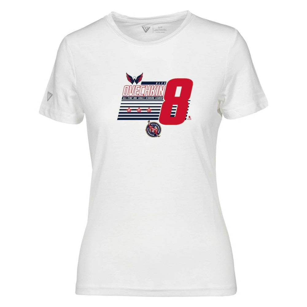 NHL Alexander Ovechkin Washington Capitals Levelwear Women's NHL All-Time Leading Goal Scorer Milestone Stripes Name & Number Maddox T-Shirt - White