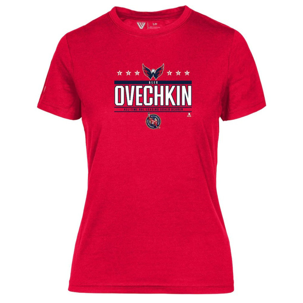 NHL Alexander Ovechkin Washington Capitals Levelwear Women's NHL All-Time Leading Goal Scorer Milestone Stars Name & Number Maddox T-Shirt - Red