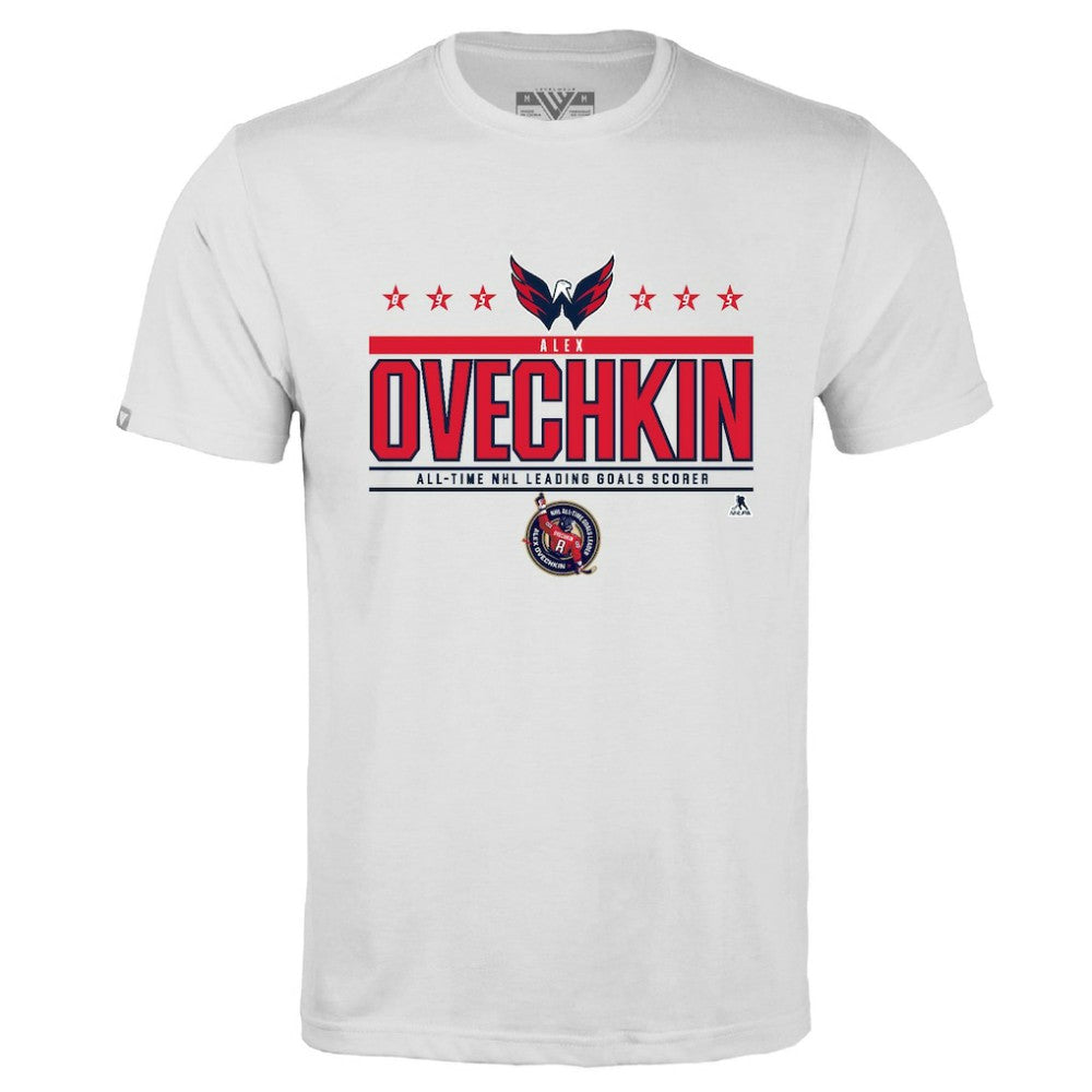 NHL Alexander Ovechkin Washington Capitals Levelwear NHL All-Time Leading Goal Scorer Milestone Stars Name & Number Richmond T-Shirt - White