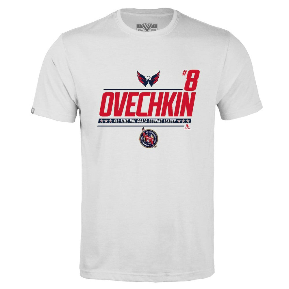 NHL Alexander Ovechkin Washington Capitals Levelwear NHL All-Time Leading Goal Scorer Milestone Name & Number Richmond T-Shirt - White