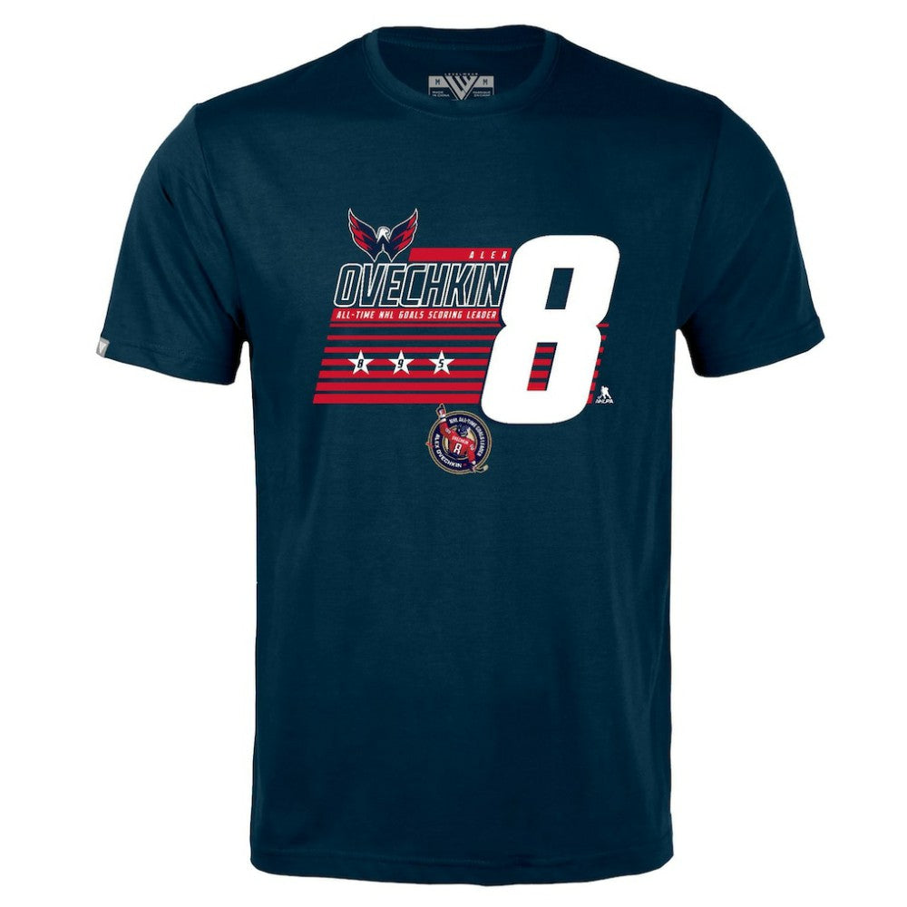 NHL Alexander Ovechkin Washington Capitals Levelwear NHL All-Time Leading Goal Scorer Milestone Stripes Name & Number Richmond T-Shirt - Navy