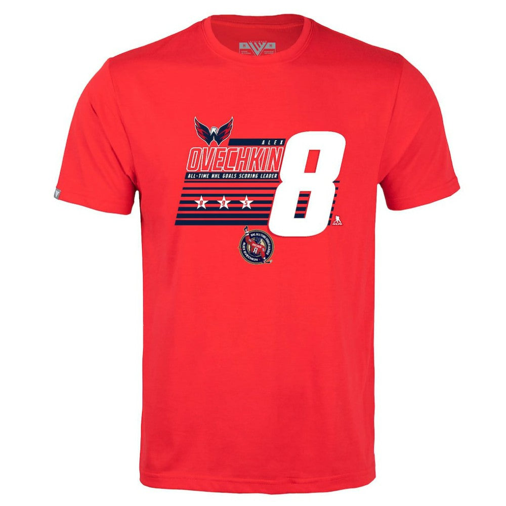 NHL Alexander Ovechkin Washington Capitals Levelwear NHL All-Time Leading Goal Scorer Milestone Stripes Name & Number Richmond T-Shirt - Red
