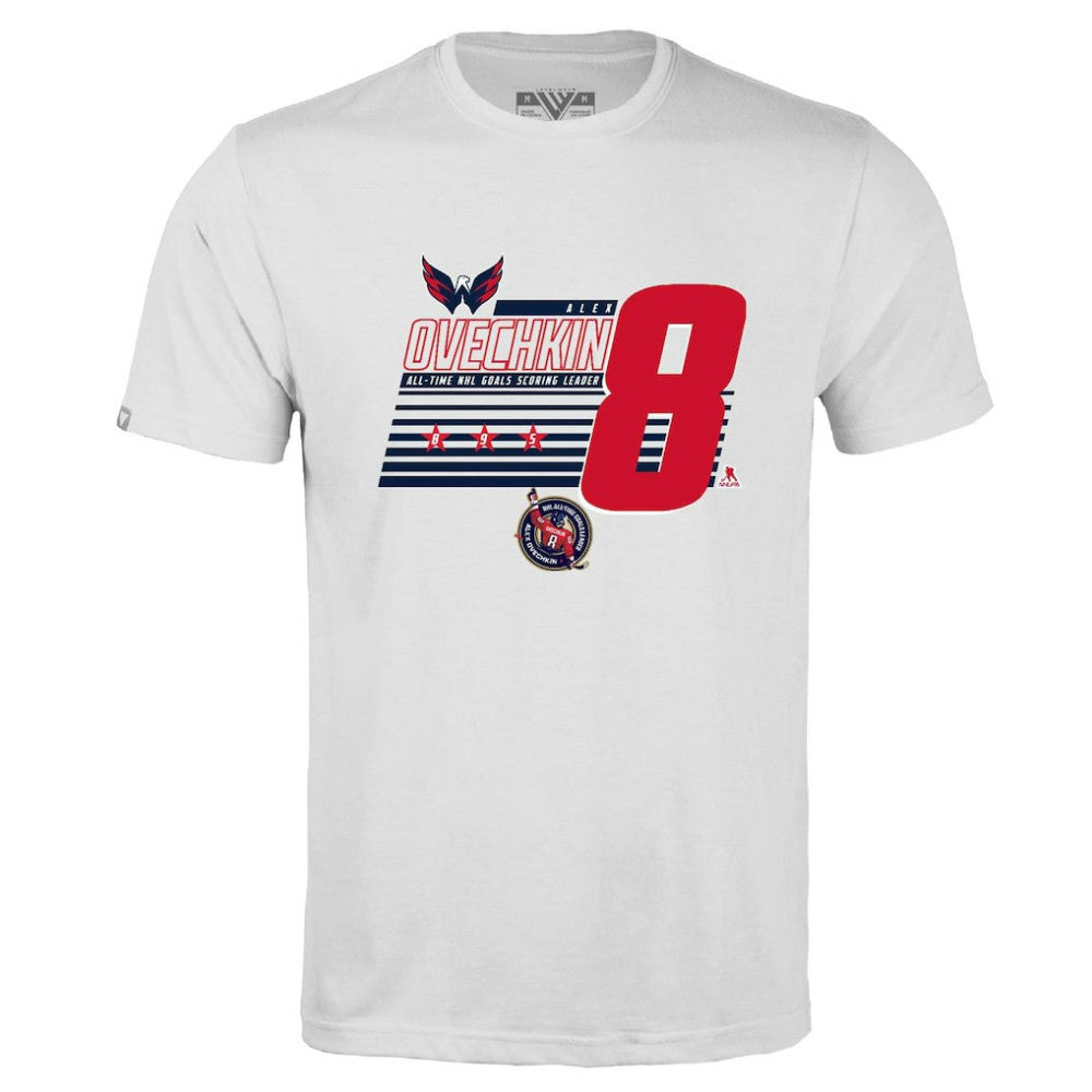 NHL Alexander Ovechkin Washington Capitals Levelwear NHL All-Time Leading Goal Scorer Milestone Stripes Name & Number Richmond T-Shirt - White