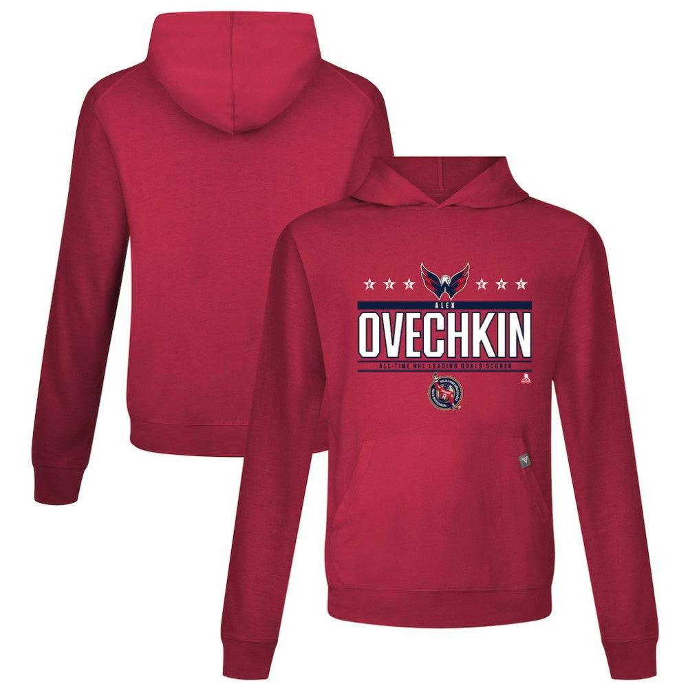 NHL Alexander Ovechkin Washington Capitals Levelwear NHL All-Time Leading Goal Scorer Milestone Stars Name & Number Relay Pullover Hoodie - Red