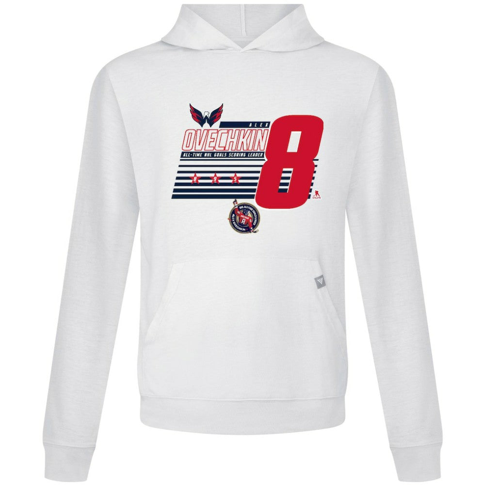 NHL Alexander Ovechkin Washington Capitals Levelwear NHL All-Time Leading Goal Scorer Milestone Stripes Name & Number Relay Pullover Hoodie - White