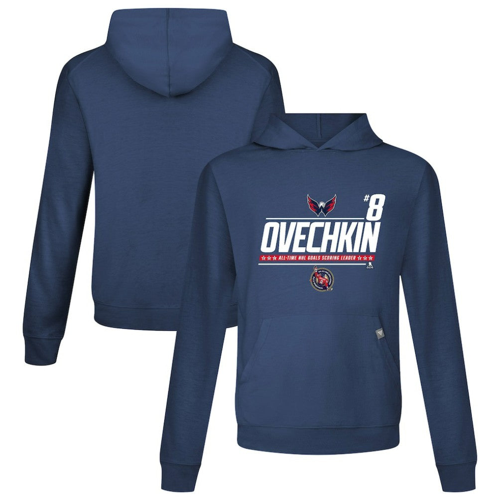 NHL Alexander Ovechkin Washington Capitals Levelwear NHL All-Time Leading Goal Scorer Milestone Name & Number Relay Pullover Hoodie - Navy