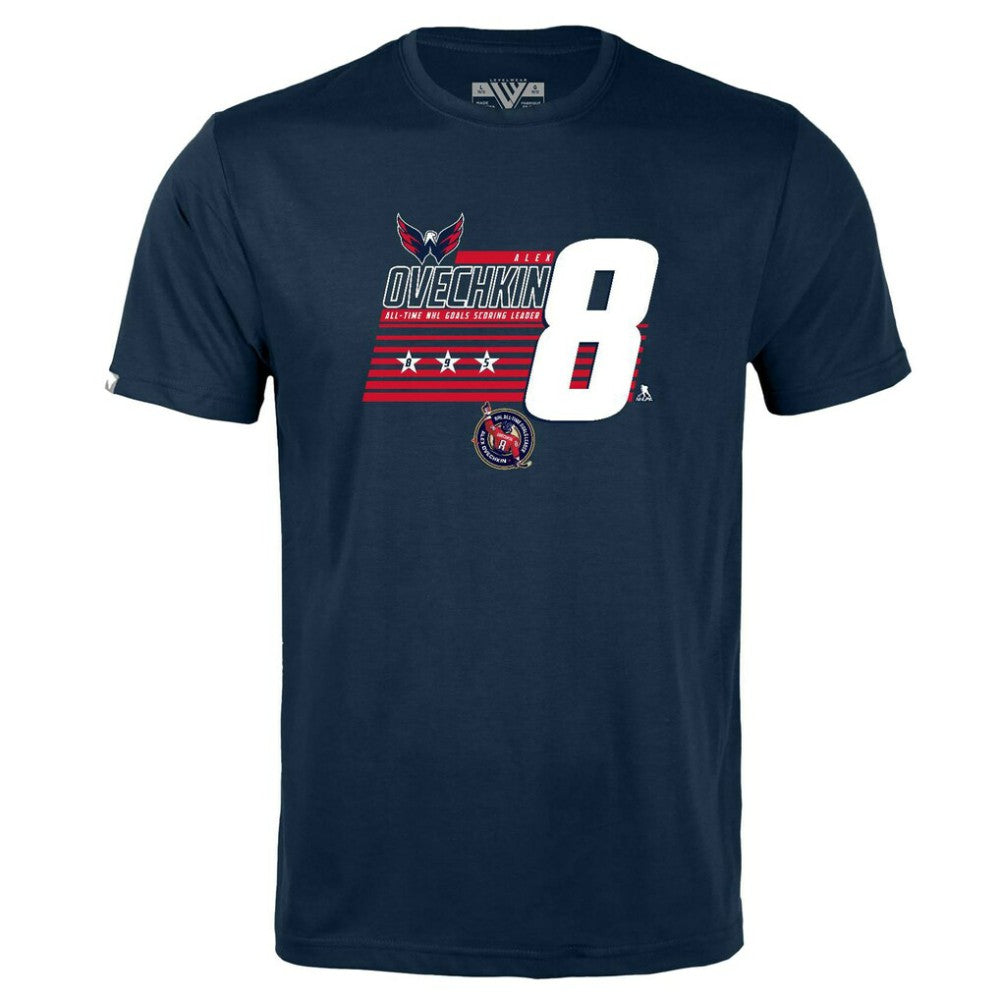 NHL Alexander Ovechkin Washington Capitals Levelwear Youth NHL All-Time Leading Goal Scorer Milestone Stripes Name & Number Little Richmond T-Shirt - Navy