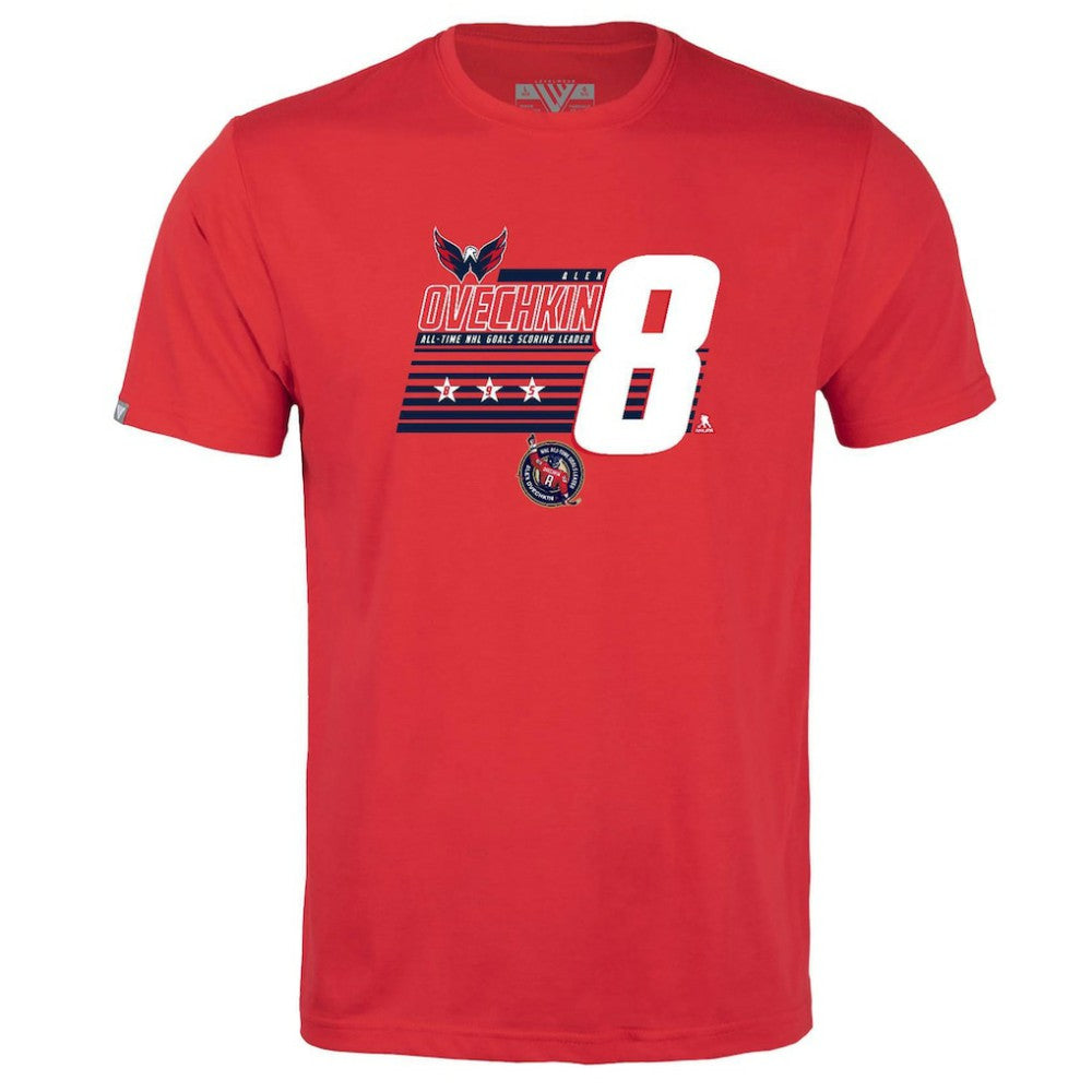 NHL Alexander Ovechkin Washington Capitals Levelwear Youth NHL All-Time Leading Goal Scorer Milestone Stripes Name & Number Little Richmond T-Shirt - Red