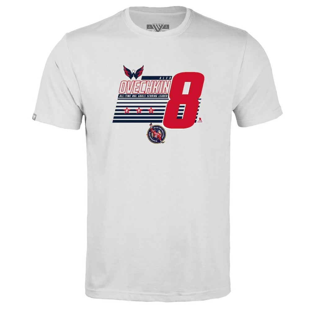 NHL Alexander Ovechkin Washington Capitals Levelwear Youth NHL All-Time Leading Goal Scorer Milestone Stripes Name & Number Little Richmond T-Shirt - White