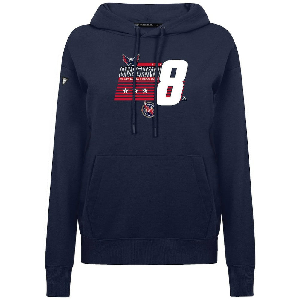 NHL Alexander Ovechkin Washington Capitals Levelwear Women's NHL All-Time Leading Goal Scorer Milestone Stripes Name & Number Adorn Pullover Hoodie - Navy