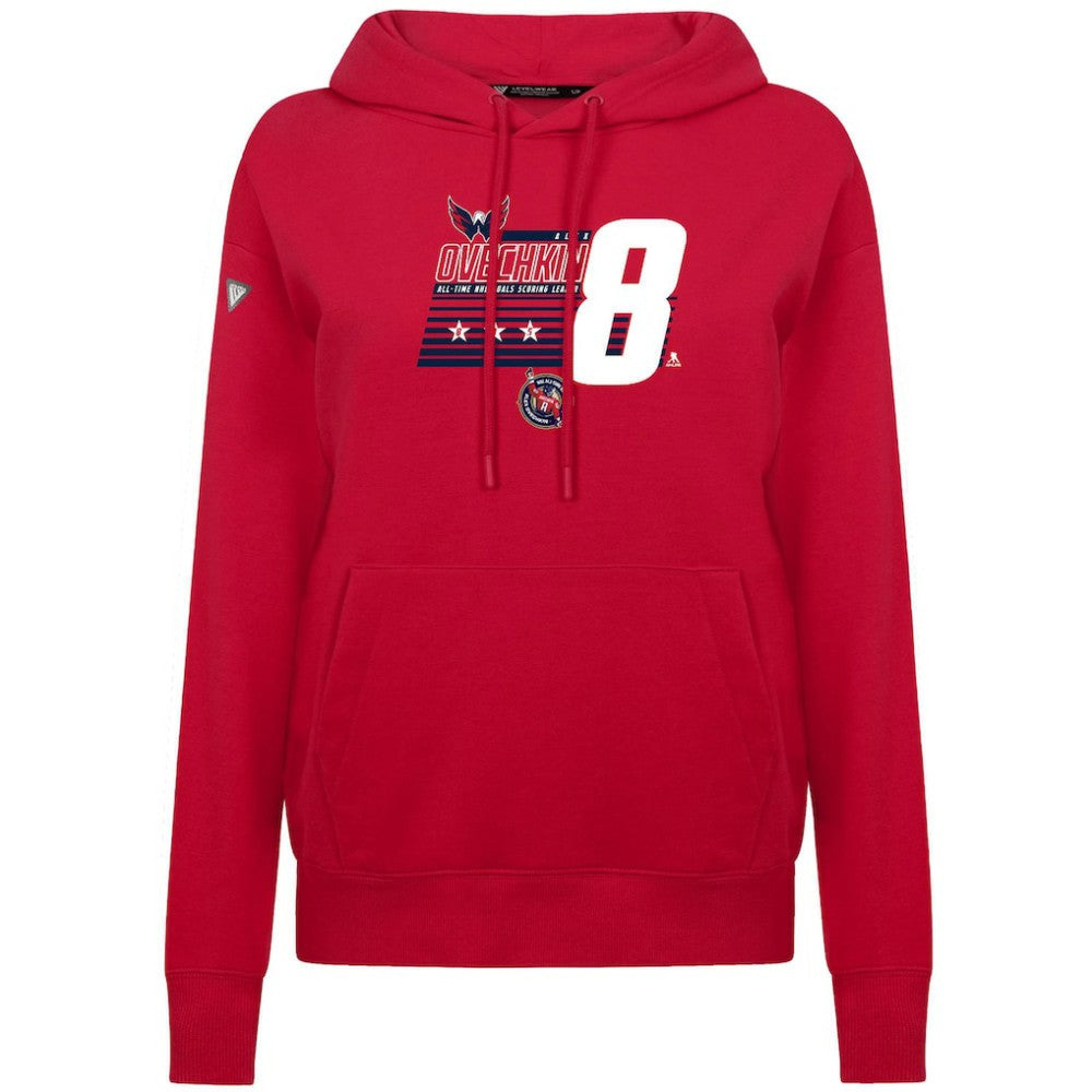 NHL Alexander Ovechkin Washington Capitals Levelwear Women's NHL All-Time Leading Goal Scorer Milestone Stripes Name & Number Adorn Pullover Hoodie - Red