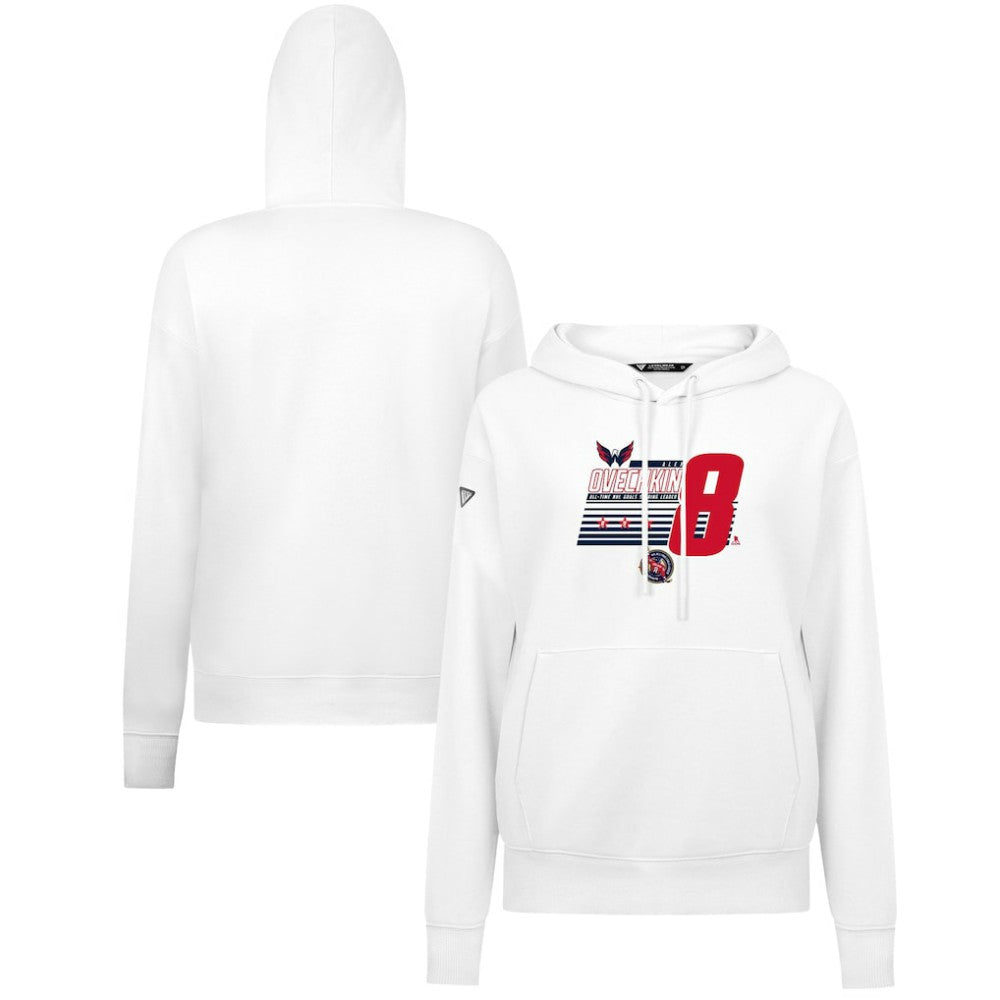 NHL Alexander Ovechkin Washington Capitals Levelwear Women's NHL All-Time Leading Goal Scorer Milestone Stripes Name & Number Adorn Pullover Hoodie - White